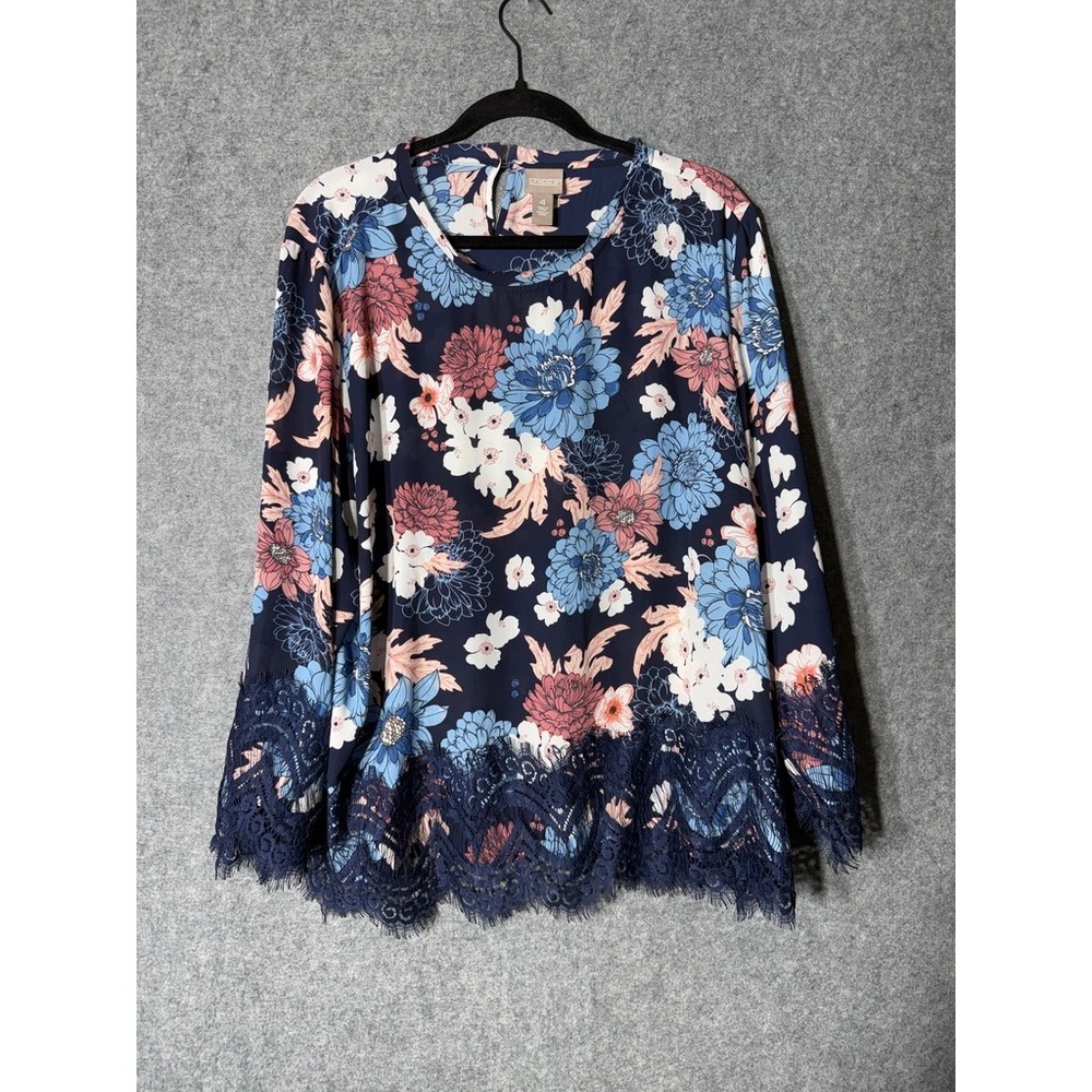 Chicos Navy Blue Floral Lace Hem Blouse Long Bell Sleeve Womens Size 4 XXL - Picture 2 of 8